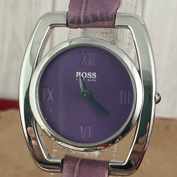 Vintage Hugo Boss Watch Sculptured Modern Styling Purple Dial and 8 inch Strap